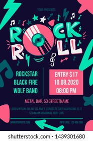 Rock and roll party vector poster template. Entertainment event web banner. Music concert brochure