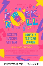Rock and roll party vector poster template. Entertainment event web banner. Music concert brochure