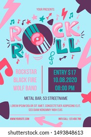 Rock and roll party vector poster template. Entertainment event web banner. Music concert brochure