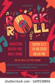 Rock and roll party vector poster template. Entertainment event web banner. Music concert brochure