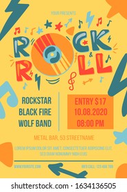 Rock and roll party vector poster template. Entertainment event web banner. Music concert brochure