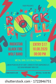 Rock and roll party vector poster template. Entertainment event web banner. Music concert brochure