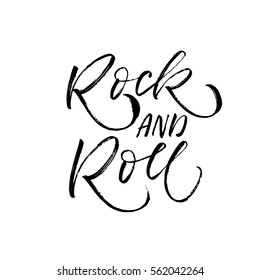 Rock and roll postcard. Ink illustration. Modern brush calligraphy. Isolated on white background. 