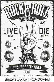 Rock and roll poster in black and white color. Vector vintage illustration