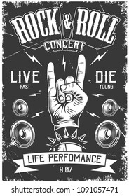 Rock and roll poster in black and white color. Vector vintage illustration