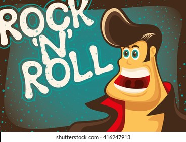 Rock and roll poster with comic guy. Vector illustration.