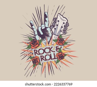 Diseño de afiches de rock and roll. Diseño gráfico vectorial de mano de rock y guitarra.