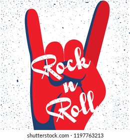 Rock and Roll poster design. Vector illustration for greeting card. Festival banner. Gesture hand. Genre of music, symbol. Flat style.