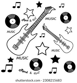 Rock and Roll poster design. Vector illustration for greeting card. Festival banner. Genre of music, symbol. Flat style.