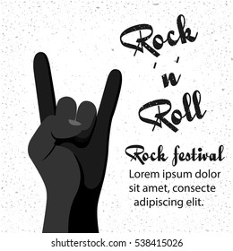 Rock and Roll poster design. Vector illustration for greeting card. Festival banner. Gesture hand. Genre of music, symbol. Flat style.