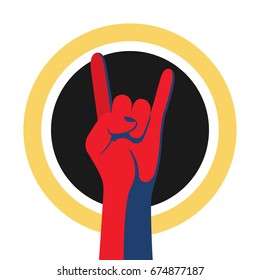 Rock and Roll poster design. Vector illustration for greeting card. Festival banner. Gesture hand two fingers. Genre of music, symbol. Flat style.
