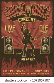 Rock and roll poster in red and black colors. Vector vintage illustration