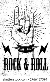 Rock and roll poster template. hand with rock and roll sign on grunge background. Design element for logo, emblem, card,banner, t-shirt. Vector illustration