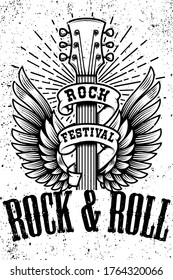 Rock and roll poster template. Winged guitar on grunge background. Design element for logo, emblem, card,banner, t-shirt. Vector illustration