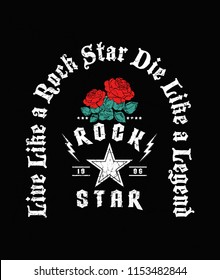Rock and roll print in black colour and in vector with red roses.