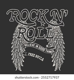 Rock and Roll print Design. Free Souls. Hand Drawn Wing Print. vintage graphic design. believe in good things. print design 