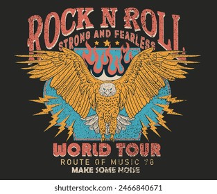 Rock and roll print design for t-shirt. Eagle fly artwork. Music world tour design.