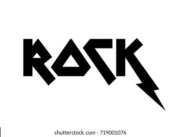 Rock and roll print in vector. Rock text with flash in black and white colors.