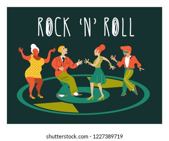 Rock and roll. Retro party. Vector poster. Retro style illustration. Music and dance in retro style. Boys and girls dancing rock and roll.