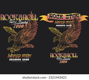 Diseño de camisetas retro de rollo y rollo. Obra artística del tour de mecedoras de águila. Cartel de la banda musical.	