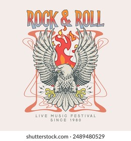 Rock and roll retro t shirt design. Eagle rocking tour artwork. Music band poster graphic. Rock world. rock and roll vintage vector print illustration. Rebel eagle graphic illustration.