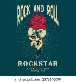 Calavera colorida Rock and roll Rockstar y rosas para ilustraciones vectoriales. Diseño de impresión gráfica vectorial salvaje para prendas de vestir, pegatinas, carteles, fondos y otros. Obra de arte vintage de rock and roll.