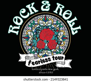 Rock and roll rose graphic print design. Rocking graphic print for posters, stickers, background and others. Wild flower music logo artwork. 