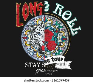 Rock and roll rose graphic print design. Rocking graphic print for posters, stickers, background and others. Stained glass t shirt print design, Colorful motif graphic print. Rose artwork.