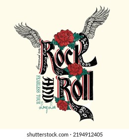 Rock y rollo con rosa y alas, Rock y rollo impreso en color negro y vector.