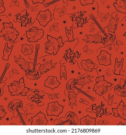 Rock and Roll Roses and Guitars on Red Background