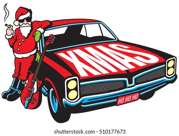 Rock and Roll Santa Claus vector illustration with vintage muscle car and cool guitar.