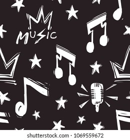 Rock and roll seamless pattern with crown, note signs, microphone, stars. Hard rock doodle illustration. Cartoon rock star iconic backdrop for music band, concert, party. Isolated on black background.