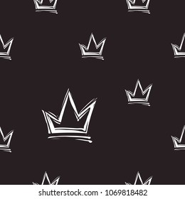 Rock and roll seamless pattern with crown. Vector hard rock doodle illustration. Cartoon rock star iconic backdrop for music band, concert, party. Isolated on black background.