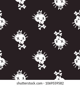 Rock and roll seamless pattern with cute skull. Vector hard rock doodle illustration. Cartoon rock star iconic backdrop for music band, concert, party. Isolated on black background.