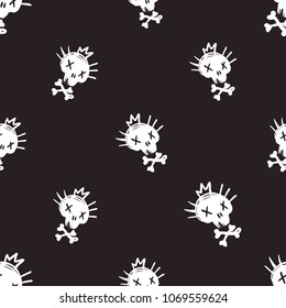 Rock and roll seamless pattern with cute skull. Vector hard rock doodle illustration. Cartoon rock star iconic backdrop for music band, concert, party. Isolated on black background.