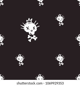 Rock and roll seamless pattern with cute skull. Vector hard rock doodle illustration. Cartoon rock star iconic backdrop for music band, concert, party. Isolated on black background.