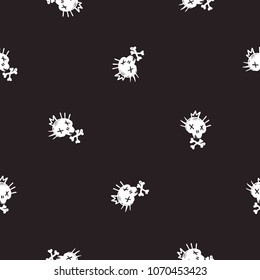 Rock and roll seamless pattern with cute skull. Vector hard rock doodle illustration. Cartoon rock star iconic backdrop for music band, concert, party. Isolated on black background.
