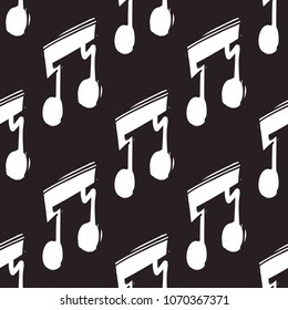 Rock and roll seamless pattern with double notes. Vector hard rock doodle illustration. Cartoon rock star iconic backdrop for music band, concert, party. Isolated on black background.