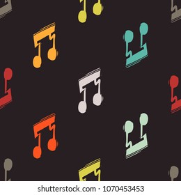 Rock and roll seamless pattern with double notes. Vector hard rock doodle illustration. Cartoon rock star iconic backdrop for music band, concert, party. Isolated on black background.