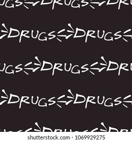 Rock and roll seamless pattern with drugs sign. Vector hard rock doodle illustration. Cartoon rock star iconic backdrop for music band, concert, party. Isolated on black background.