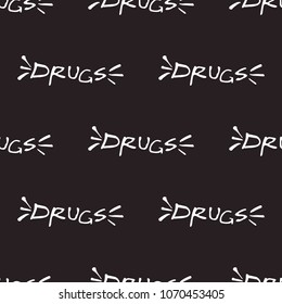 Rock and roll seamless pattern with drugs sign. Vector hard rock doodle illustration. Cartoon rock star iconic backdrop for music band, concert, party. Isolated on black background.