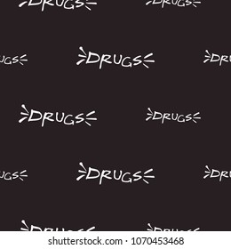Rock and roll seamless pattern with drugs sign. Vector hard rock doodle illustration. Cartoon rock star iconic backdrop for music band, concert, party. Isolated on black background.