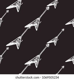 Rock and roll seamless pattern with electric solo rock guitar. Vector hard rock doodle illustration. Cartoon rock star iconic backdrop for music band, concert, party. Isolated on black background.