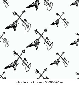 Rock and roll seamless pattern with electric guitar cross. Vector hard rock doodle illustration. Cartoon rock star iconic backdrop for music band, concert, party. Isolated on black background.