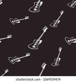 Rock and roll seamless pattern with electric rock bass guitar. Vector hard rock doodle illustration. Cartoon rock star iconic backdrop for music band, concert, party. Isolated on black background.