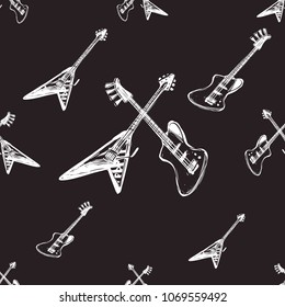 Rock and roll seamless pattern with electric rock guitars: solo and bass, single and crossed. Vector hard rock doodle illustration. Cartoon rock star iconic backdrop for music band, concert, party.