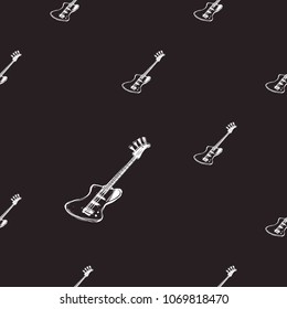 Rock and roll seamless pattern with electric rock bass guitar. Vector hard rock doodle illustration. Cartoon rock star iconic backdrop for music band, concert, party. Isolated on black background.