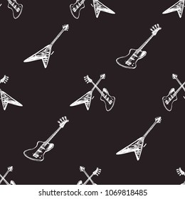Rock and roll seamless pattern with electric rock guitars: solo and bass, single and crossed. Vector hard rock doodle illustration. Cartoon rock star iconic backdrop for music band, concert, party.