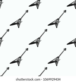Rock and roll seamless pattern with electric solo rock guitar. Vector hard rock doodle illustration. Cartoon rock star iconic backdrop for music band, concert, party. Isolated on black background.