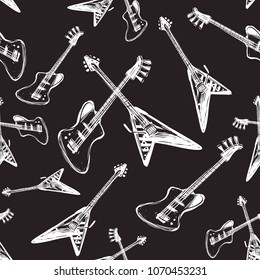 Rock and roll seamless pattern with electric rock guitars: solo and bass, single and crossed. Vector hard rock doodle illustration. Cartoon rock star iconic backdrop for music band, concert, party.